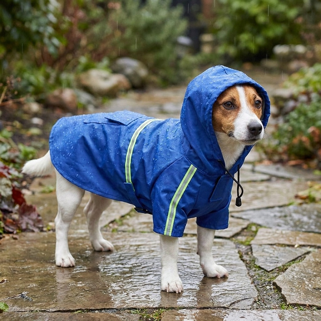 TruePet Regenmantel Blau mit Kapuze und Reflektorstreifen an kleinem Hund