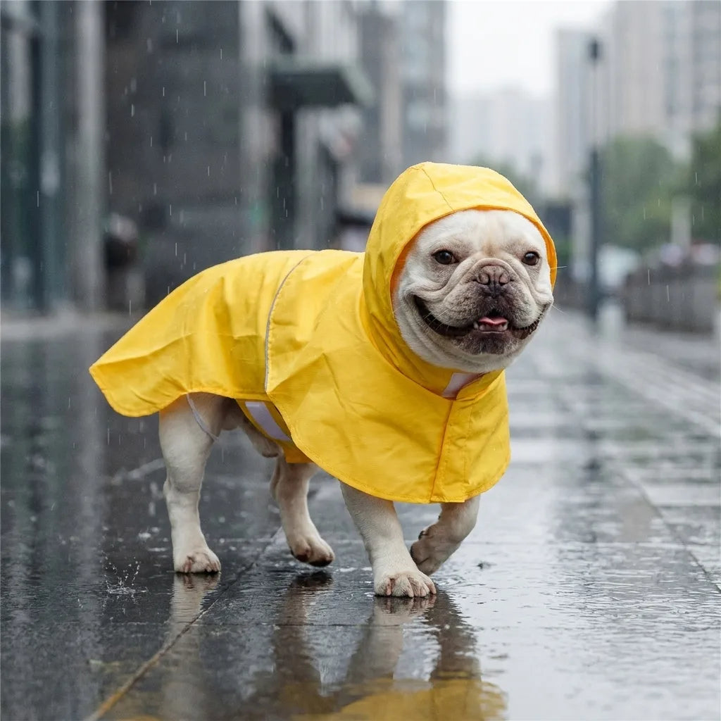TruePet Regenmantel Gelb mit Kapuze an Franzoesischer Bulldogge im Regen