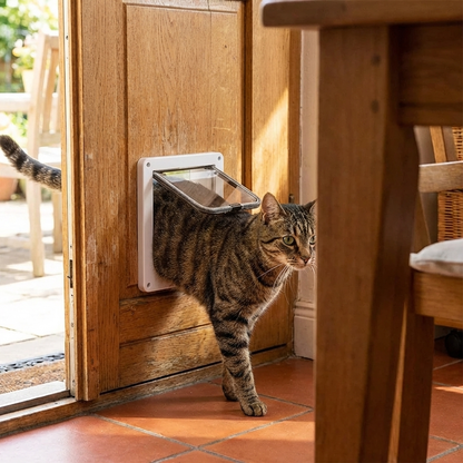 TruePet Katzenklappe Magnetisch | 4-Wege Verriegelung | Zugluftdicht | Witterungsbeständig | Weiß/Braun/Grau