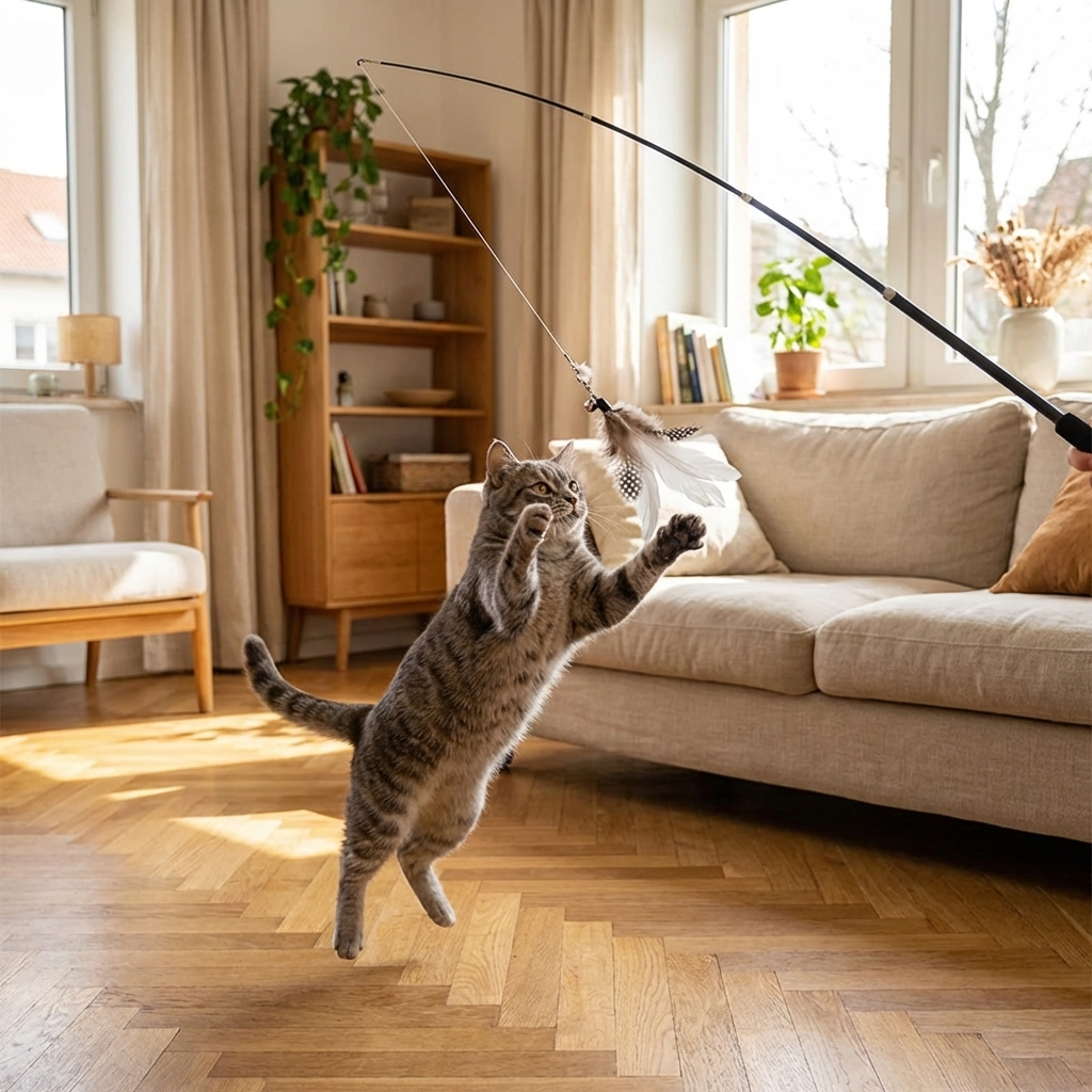 TruePet Katzenangel Feder Interaktiv | Reizangel mit Wechselaufsätzen | Teleskopstab | Jagdspielzeug