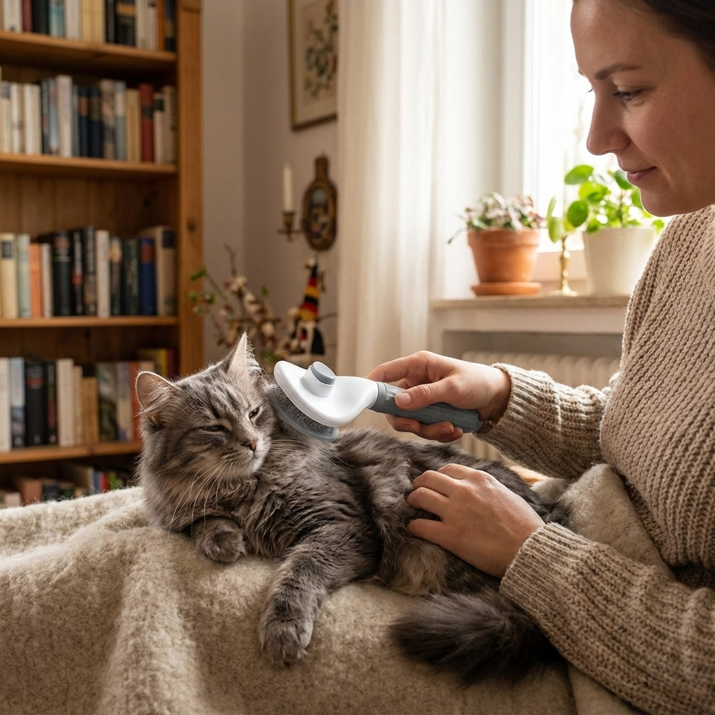 TruePet Katzenbürste Selbstreinigend | Fellpflege Lang- & Kurzhaar | Knopfdruck Reinigung | Entfilzungsbürste