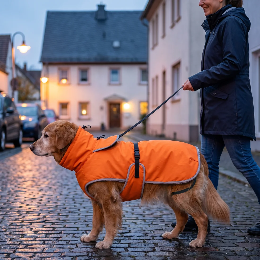 TruePet Hundemantel in Orange auf der Abendrunde, Leine durch den Schlitz am Rücken zum Halsband
