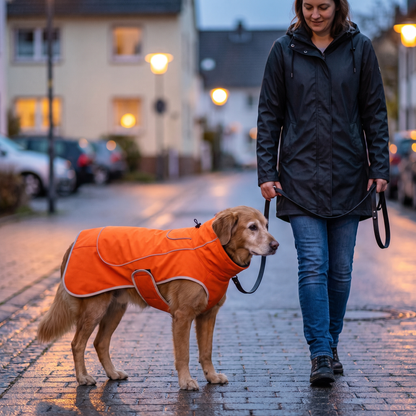 TruePet Hundemantel Orange mit reflektierenden Paspeln auf der Abendrunde