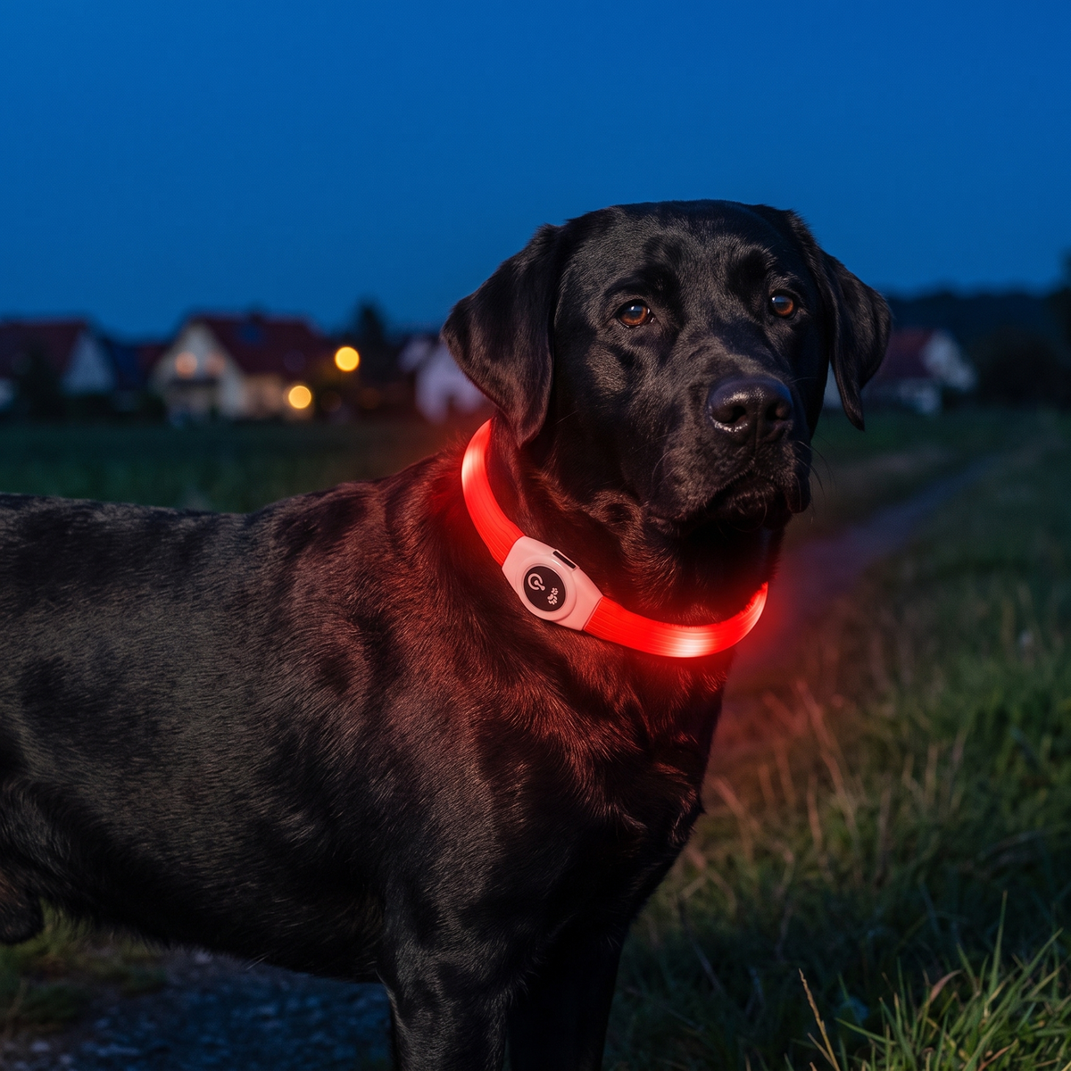 TruePet Leuchthalsband: 360-Grad-LED-Ring am schwarzen Labrador in der Daemmerung