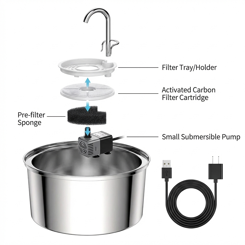 TruePet Edelstahl-Trinkbrunnen für Katzen & Hunde | 3.2L | Ultra-leise <20dB | USB