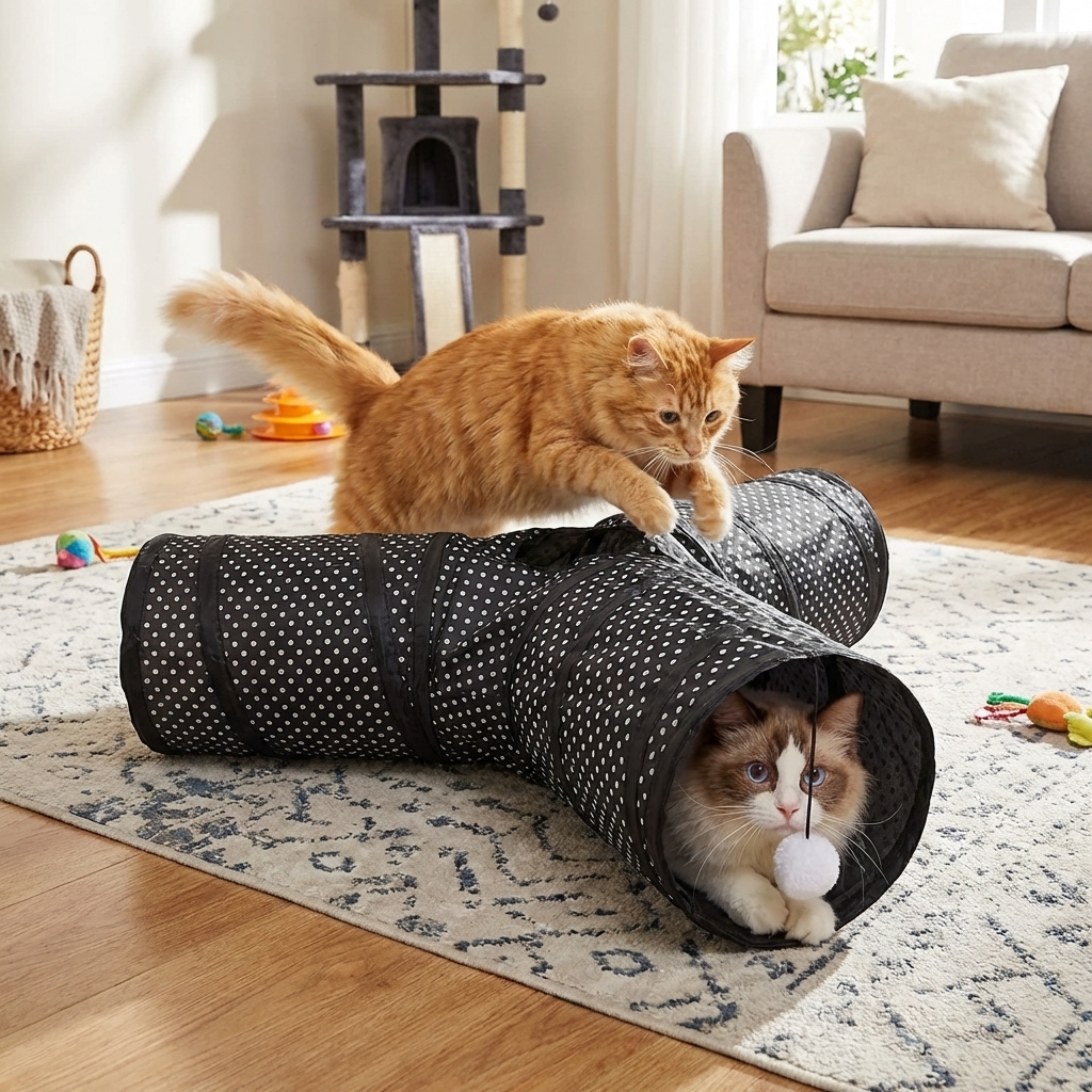 TruePet Katzentunnel Faltbar | Spieltunnel Katze | Knisterfolie | 3-Wege | Platzsparend