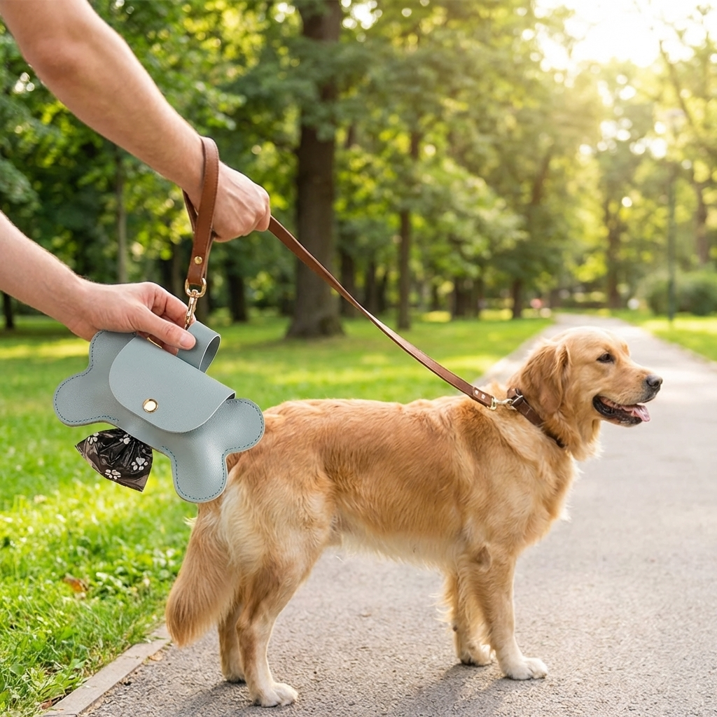TruePet Premium Kotbeutelspender | PU-Leder mit Leinenclip