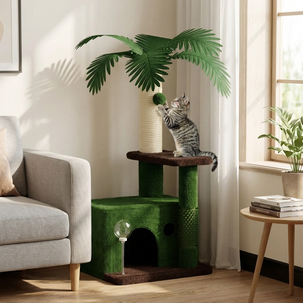 TruePet Kratzbaum Klein | Mini Kratzbaum Wohnung | Platzsparend | Sisal & Höhle | Für 1 Katze