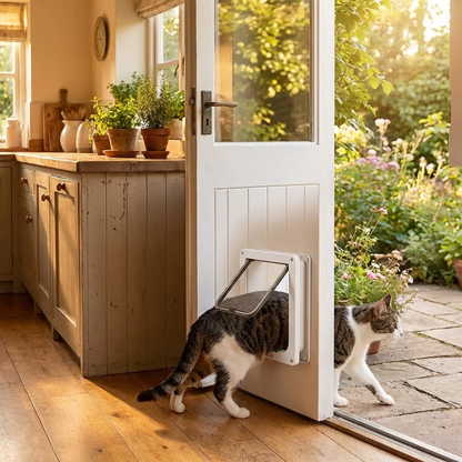 TruePet Katzenklappe Magnetisch | 4-Wege Verriegelung | Zugluftdicht | Witterungsbeständig | Weiß/Braun/Grau