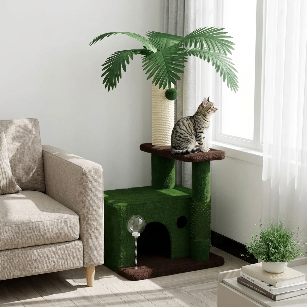 TruePet Kratzbaum Klein | Mini Kratzbaum Wohnung | Platzsparend | Sisal & Höhle | Für 1 Katze