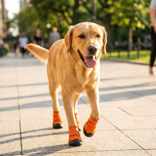 Hund mit TruePet Hundeschuhen auf heißem Sommer-Asphalt