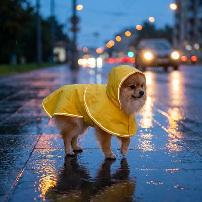 TruePet Regenmantel Gelb in der Daemmerung, Reflektoren leuchten