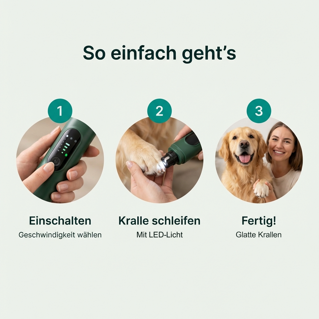Anwendung in drei Schritten: einschalten, Kralle schleifen mit LED-Licht, fertig
