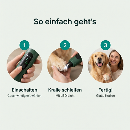 Anwendung in drei Schritten: einschalten, Kralle schleifen mit LED-Licht, fertig