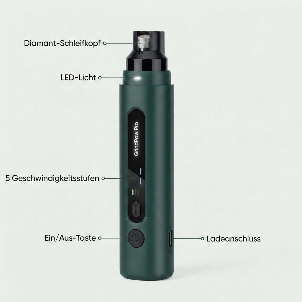 GrindPaw Pro Krallenschleifer mit Beschriftung der Bauteile: Diamant-Schleifkopf, LED-Licht, 5 Geschwindigkeitsstufen, Ein/Aus-Taste, Ladeanschluss