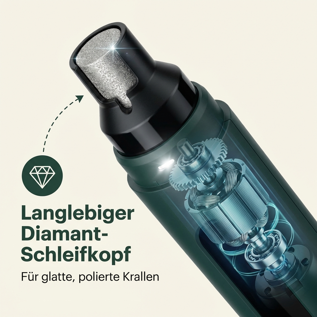 Nahaufnahme des Diamant-Schleifkopfs des GrindPaw Pro mit Schnittbild von Motor und Getriebe