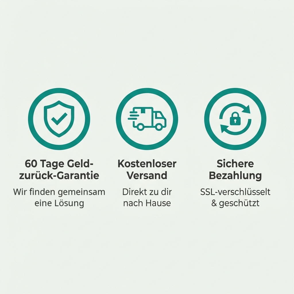 Übersicht zu 60 Tage Geld-zurück-Garantie, kostenlosem Versand und sicherer Bezahlung