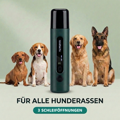 GrindPaw Pro Krallenschleifer vor vier Hunden verschiedener Rassen, Hinweis auf 3 Schleiföffnungen
