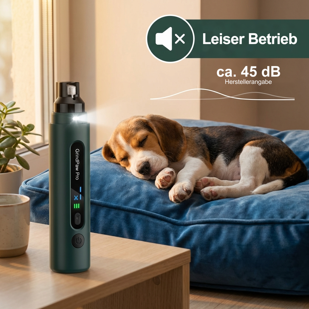 GrindPaw Pro neben einem schlafenden Hund, Hinweis auf leisen Betrieb mit ca. 45 dB laut Herstellerangabe