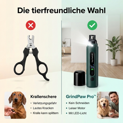 Vergleich Krallenschere und GrindPaw Pro Krallenschleifer: links Verletzungsgefahr, lautes Knacken, Kralle kann splittern, rechts kein Schneiden, leiser Motor, mit LED-Licht