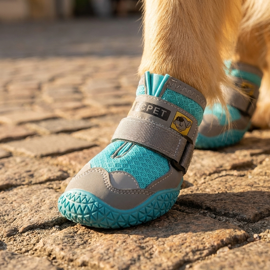 TruePet Hundeschuhe Sommer — Nahaufnahme Pfote mit Schuh auf Pflasterstein