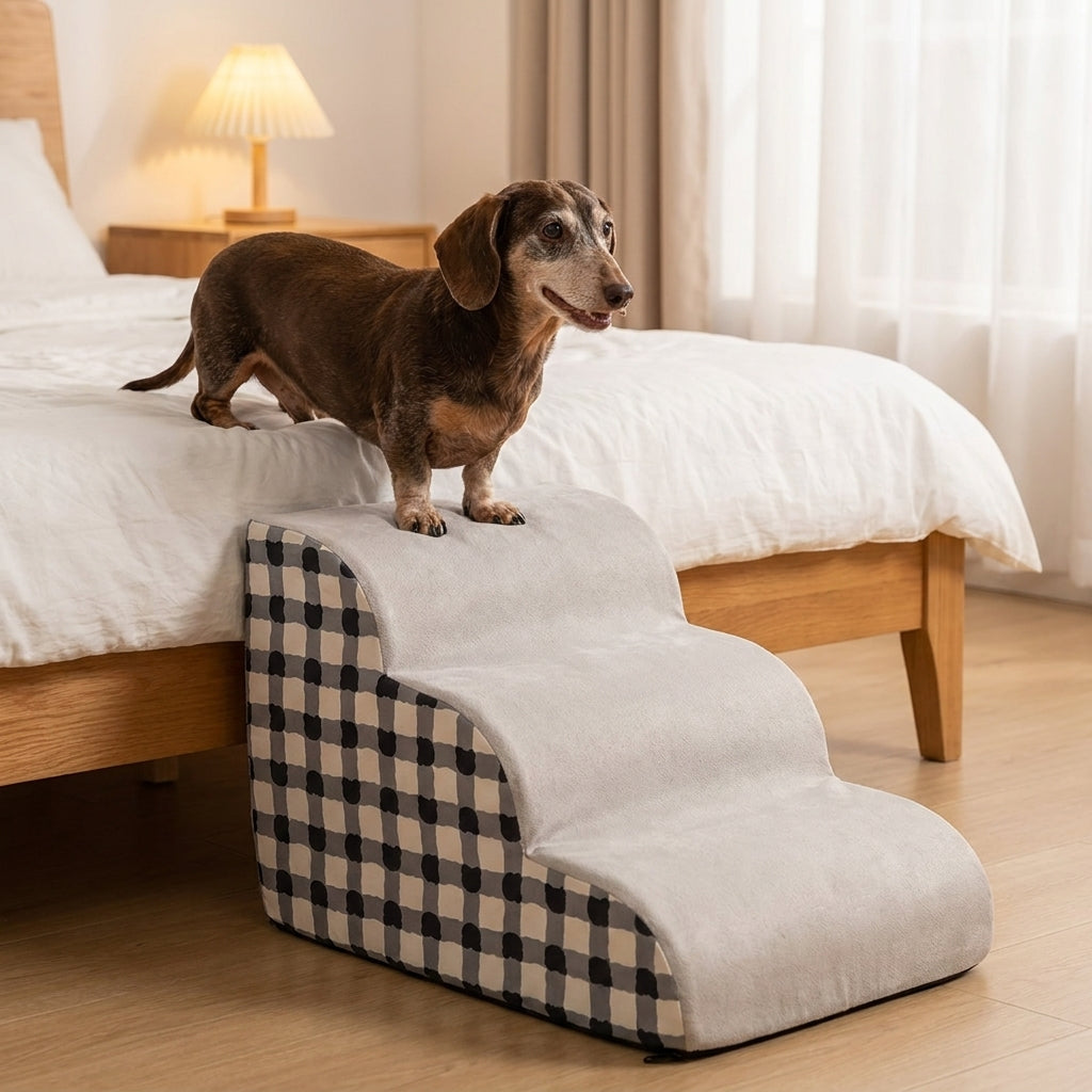 Senior-Dackel auf TruePet Hundetreppe vor Bett