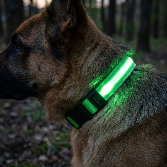 TruePet LED Hundehalsband — Nahaufnahme nachts leuchtend