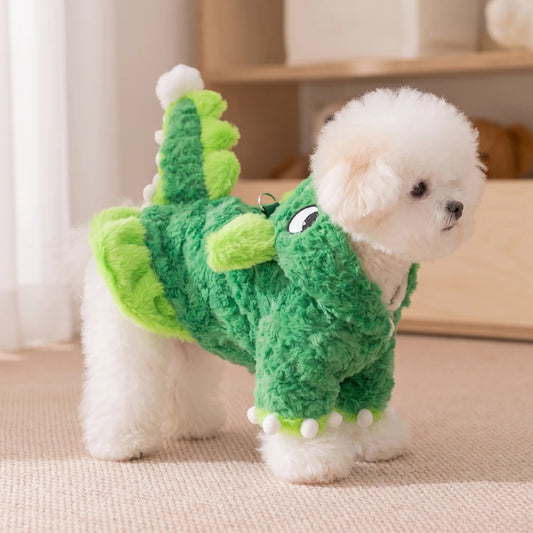 Kleiner Hund im TruePet Dino-Kostüm Grün, Plüsch mit Stacheln, Schwanz und Leinenring