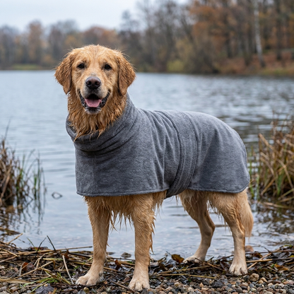 TruePet Hundebademantel | Mikrofaser mit Bauchgurt | Trocknet in Minuten | Grau, S–XL