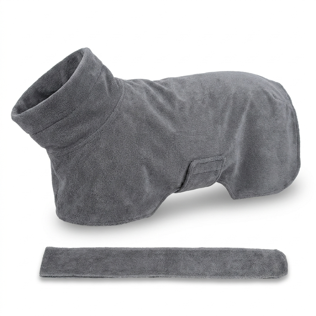 TruePet Hundebademantel | Mikrofaser mit Bauchgurt | Trocknet in Minuten | Grau, S–XL