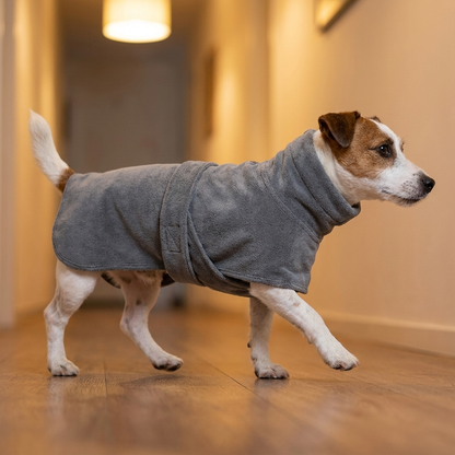 TruePet Hundebademantel | Mikrofaser mit Bauchgurt | Trocknet in Minuten | Grau, S–XL