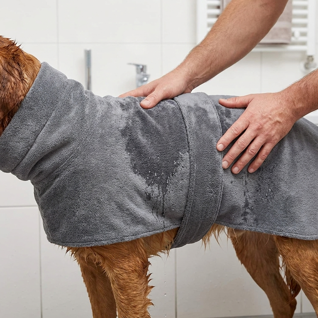 TruePet Hundebademantel | Mikrofaser mit Bauchgurt | Trocknet in Minuten | Grau, S–XL