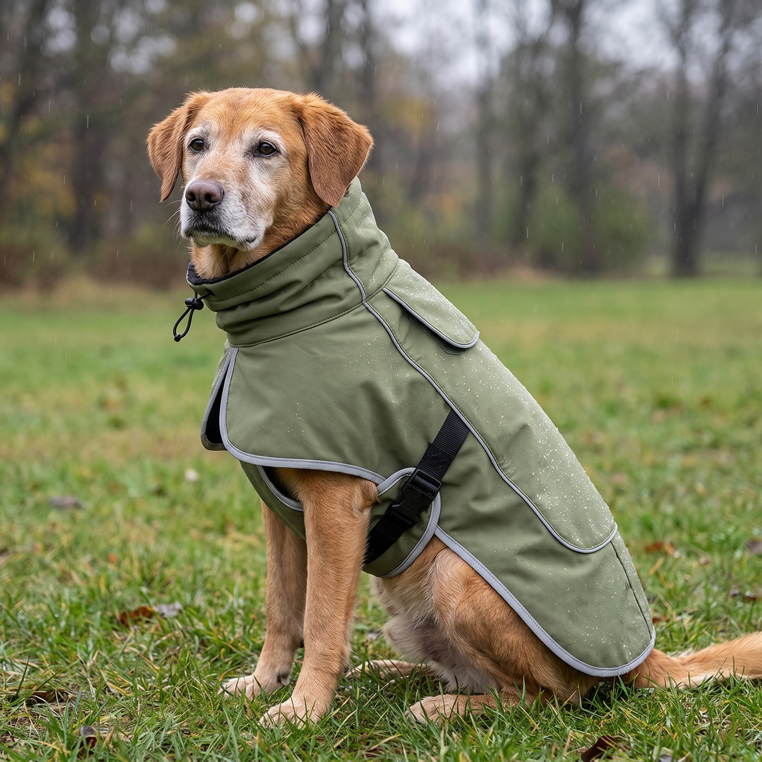 Hund sitzt gelassen im Nieselregen im TruePet Hundemantel
