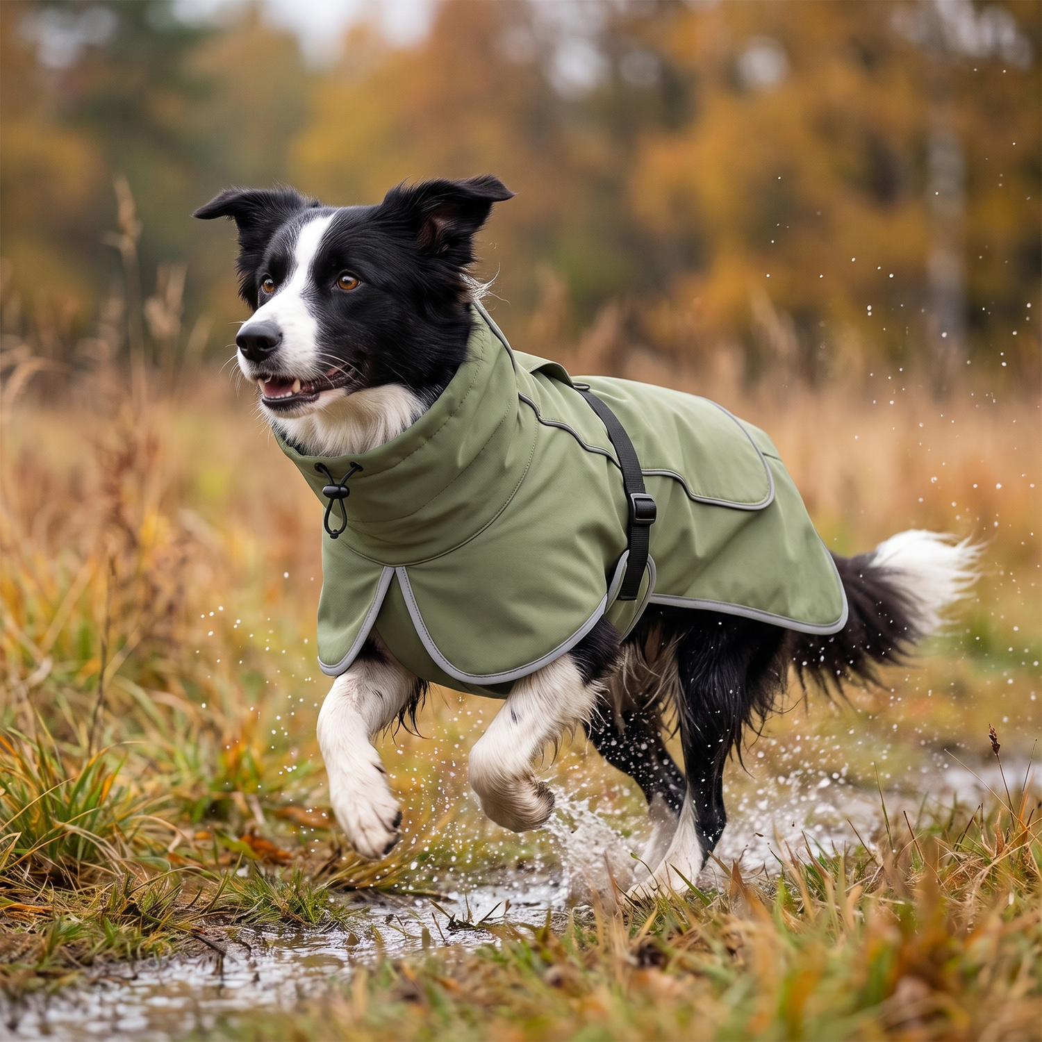 Border Collie rennt, der TruePet Hundemantel bleibt an seinem Platz