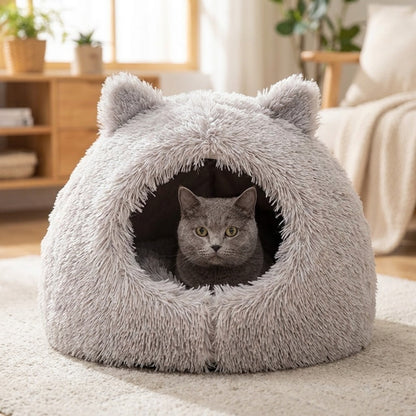 TruePet Katzenhöhle | Flauschige Kuschelhöhle mit Öhrchen | Formstabil dank 3D-Stützgewebe | Halb geschlossen | Hellgrau, Dunkelgrau oder Braun | 48 & 55 cm