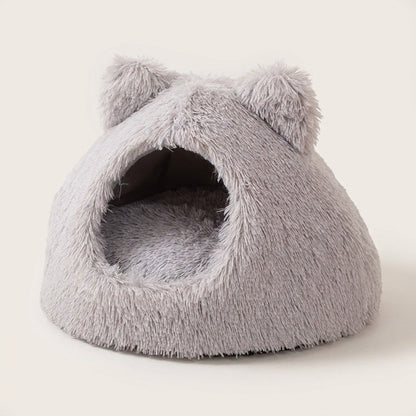 TruePet Katzenhöhle | Flauschige Kuschelhöhle mit Öhrchen | Formstabil dank 3D-Stützgewebe | Halb geschlossen | Hellgrau, Dunkelgrau oder Braun | 48 & 55 cm