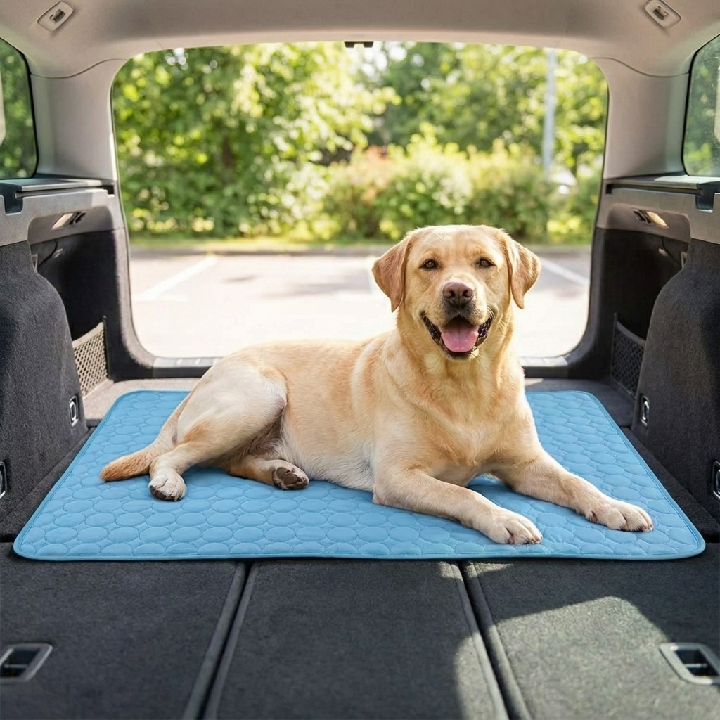 Labrador auf der Kühlmatte im Kofferraum