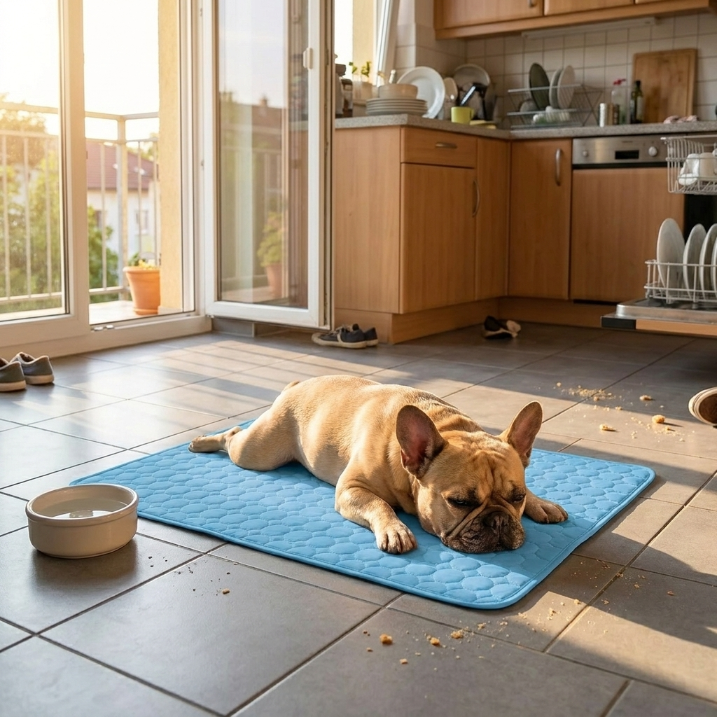 Französische Bulldogge auf der Kühlmatte auf Küchenfliesen