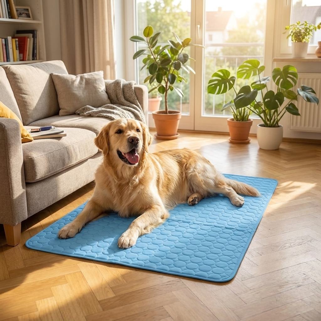 Golden Retriever auf der TruePet Kühlmatte im Wohnzimmer