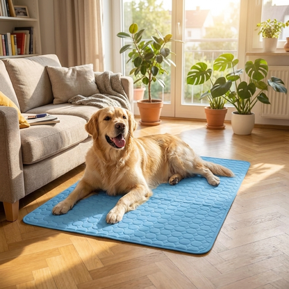 Golden Retriever auf der TruePet Kühlmatte im Wohnzimmer