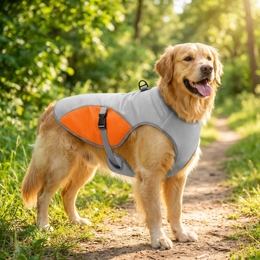 TruePet Kühlweste Pro Orange – Hund beim Sommerspaziergang
