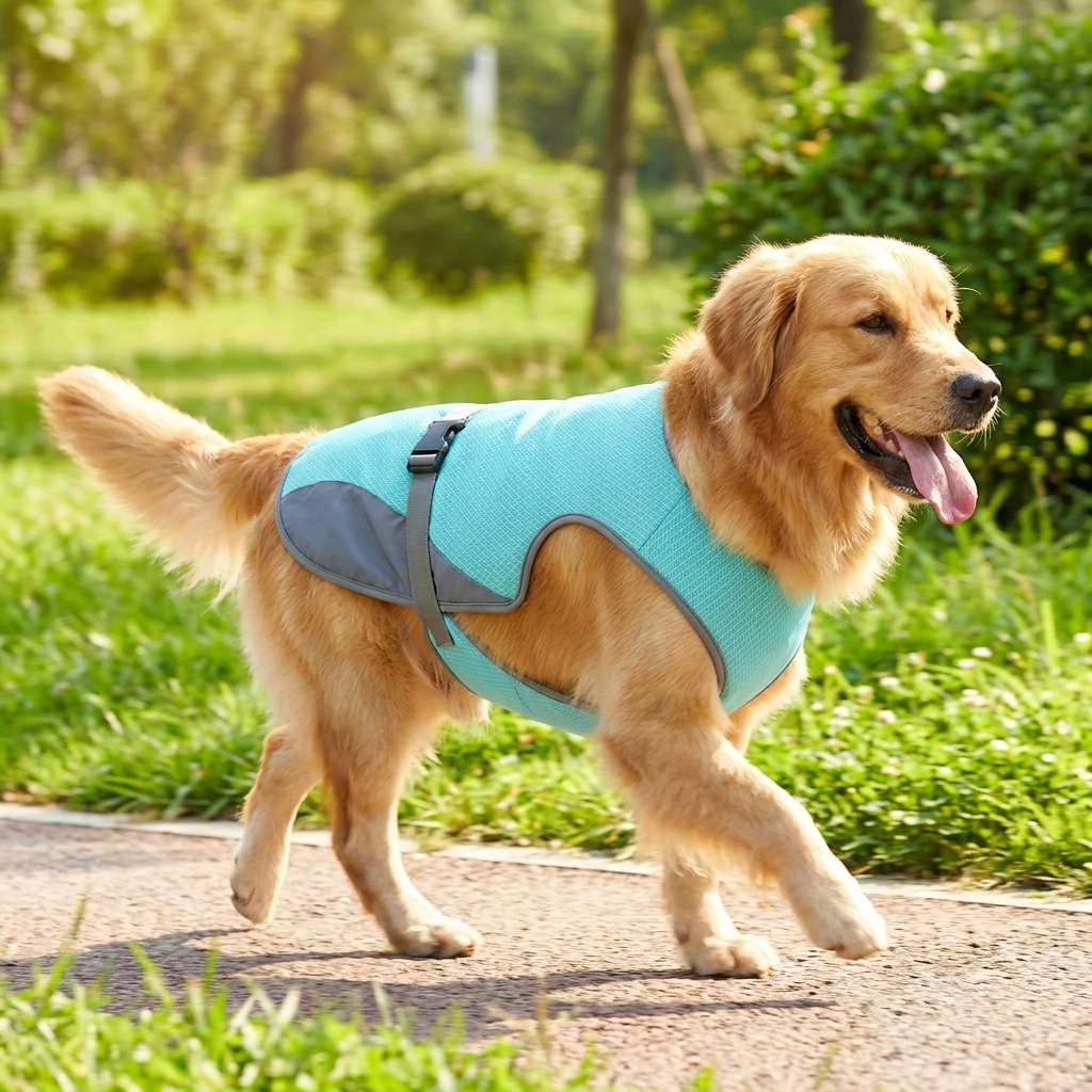 Hund rennt aktiv und gekühlt mit der TruePet Kühlweste (Blau)