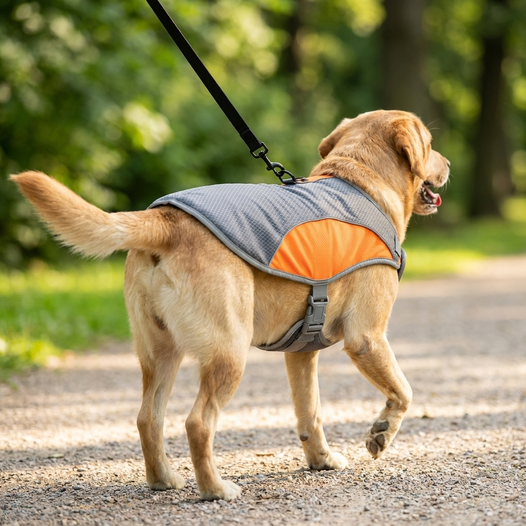 Hund läuft mit Leine an der Rücken-Öse der Kühlweste