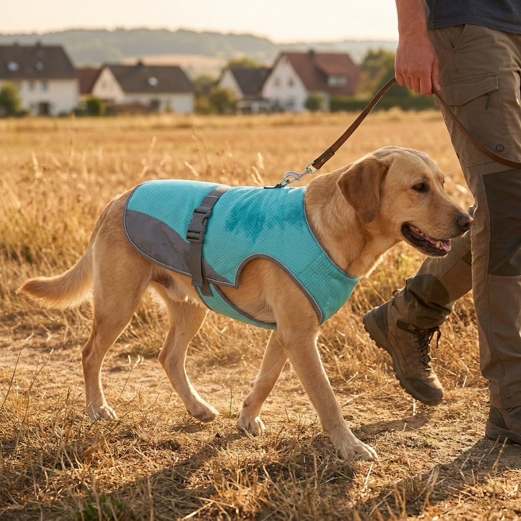 Labrador mit TruePet Kühlweste beim Gassi, Leine an der Rücken-Öse