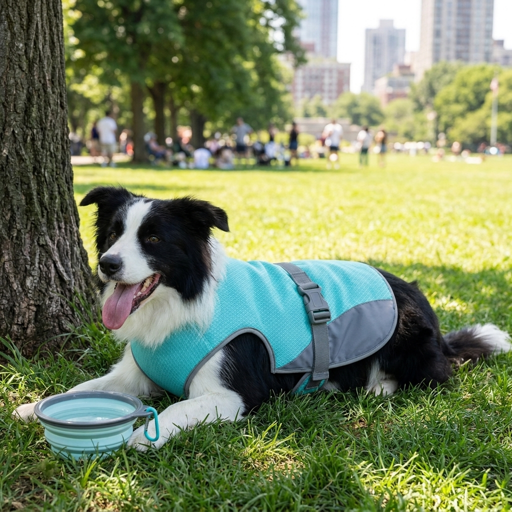 Border Collie mit Kühlweste in der Schattenpause