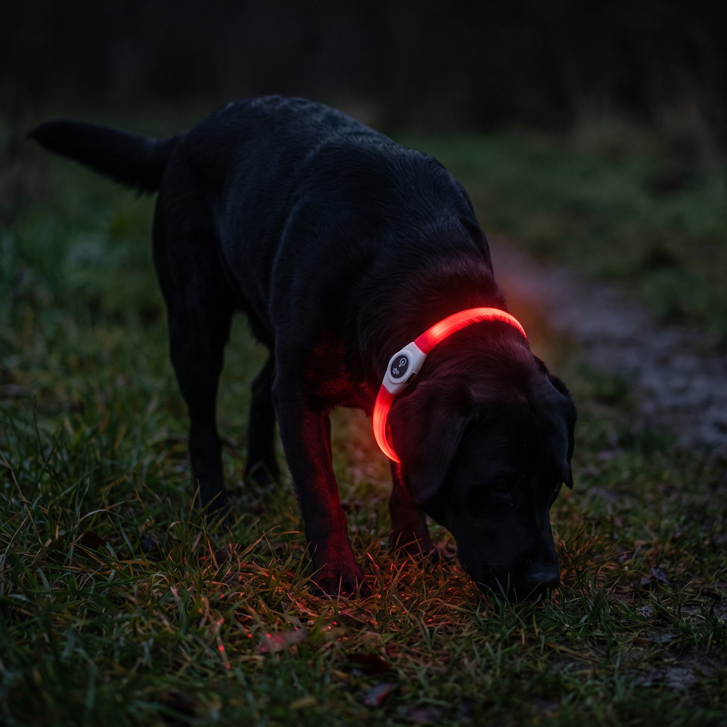 Schwarzer Labrador mit Leuchtring in der Dunkelheit
