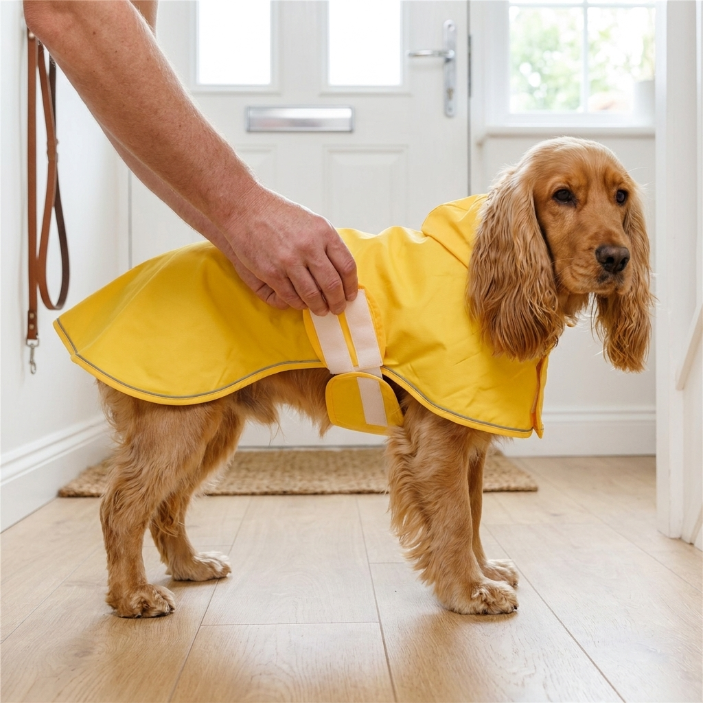 TruePet Hunde-Regenmantel | 100% Wasserdicht & Winddicht | Mit Kapuze | Leuchtend Gelb oder Grau | Reflektierend | Für kleine & mittlere Hunde