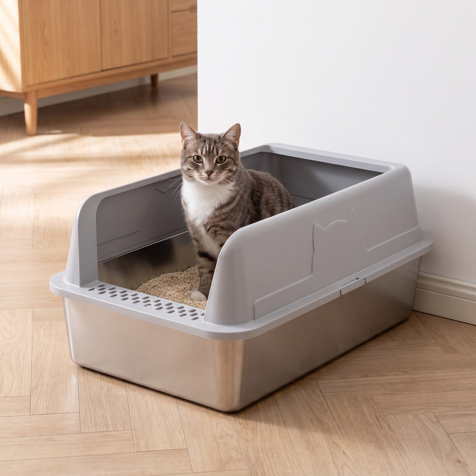 TruePet SteelBox Edelstahl-Katzenklo mit 25 cm Spritzschutz im Flur, Katze sitzt in der Box