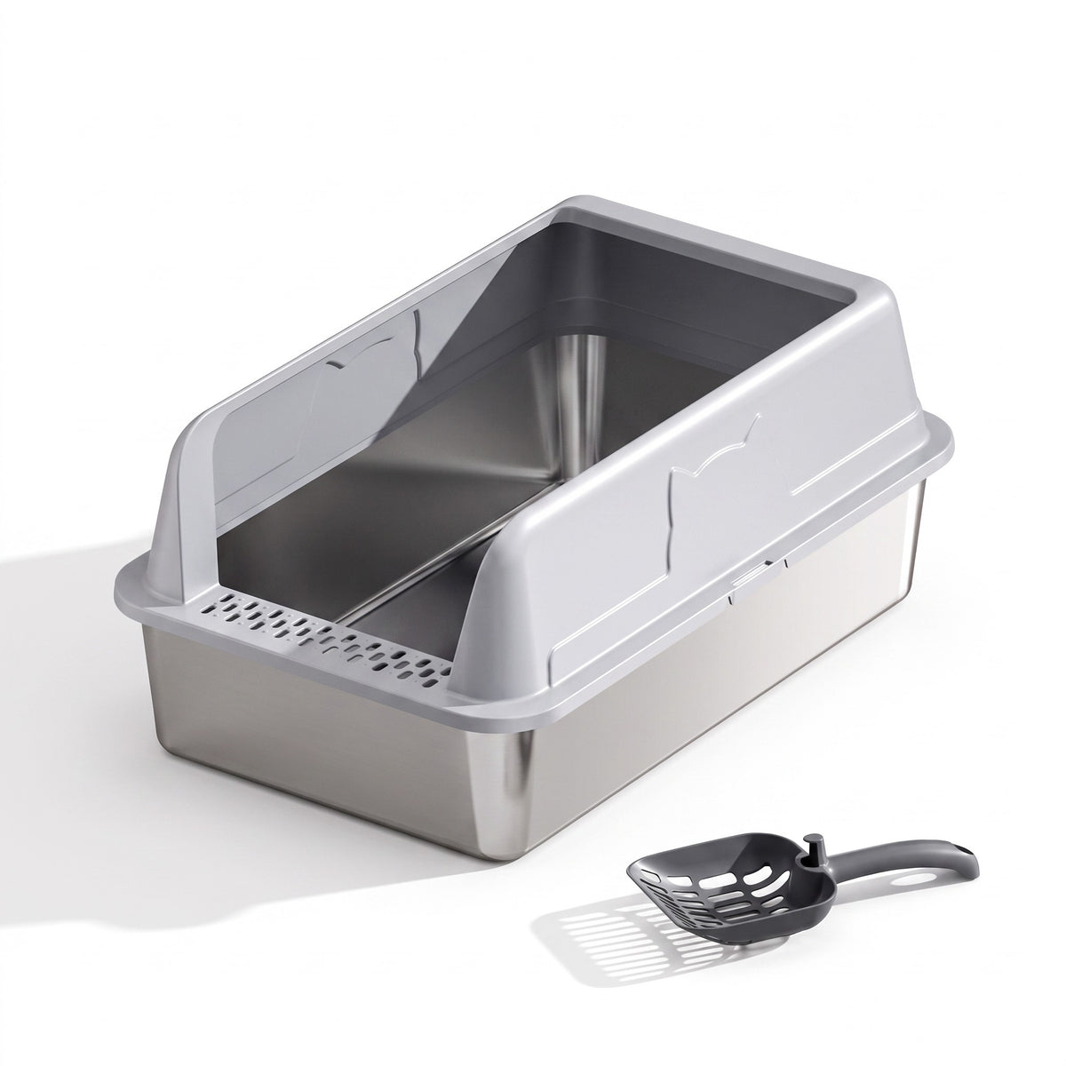 TruePet SteelBox: Edelstahl-Wanne, Aufsatz Hellgrau mit Fronteinstieg und Gitterstufe, Kunststoff-Schaufel