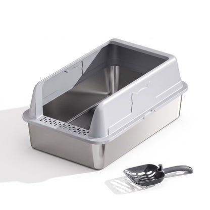 TruePet SteelBox: Edelstahl-Wanne, Aufsatz Hellgrau mit Fronteinstieg und Gitterstufe, Kunststoff-Schaufel